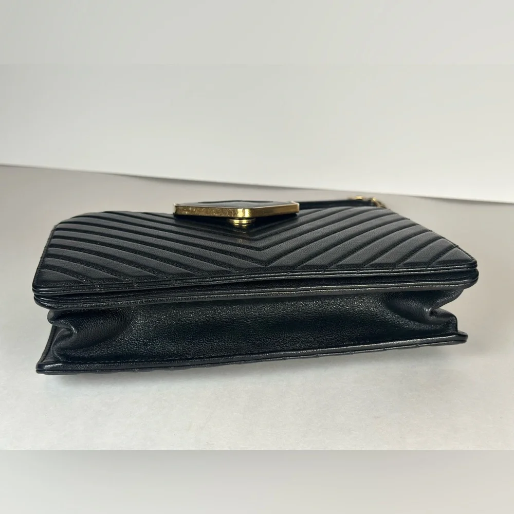Authentic CHANEL Black Collar Tie Chevron Quilted Leather Shoulder Bag with Gold